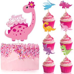 37 Pieces Pink Dinosaur Cake Toppers for Girls Dinosaur Cupcake Toppers Girls Birthday Party Decorations Colorful Dinosaur Cake Decorations for Kids Birthday Girl Baby Shower Dino Theme Party Supplies