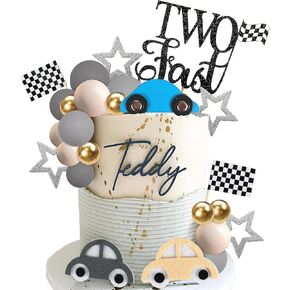 27 PCS Two Fast Cake Toppers Race Car 2nd Birthday Cake Decorations for Racing Car Checkered Flag Birthday Anniversary Party Decorations Supplies (01)