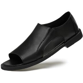 Men's Genuine Leather Cutout Water Shoes Slip On Flat Comfortable Open Toe Outdoor Casual Beach Light Weight Fisherman Sandals