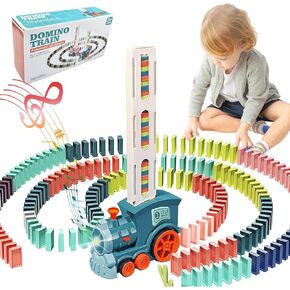Domino Train Toy Set for Kids, 100 Pcs Automatic Dominoes Blocks Building and Stacking Toys Creative Kids Games Early Education Christmas Birthday Gift Boys Girls Age 3 4 5 6 Year Old (Cyan)