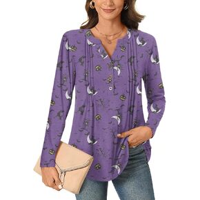 Bestbee Women's Long Sleeve Button-Down Shirts V Neck Tunic Tops 2024 Fall Tops Casual T-Shirts Dressy Blouses