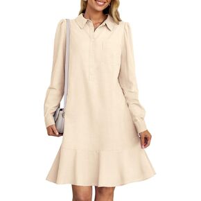MEROKEETY Women's Long Sleeve Button Down Shirt Dress Ruffle Flowy Casual Tunic Shift Mini Dresses