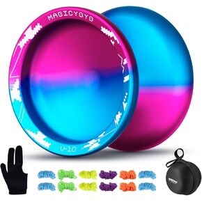 MAGICYOYO V10 Yoyo يويو احترافي غير مستجيب للبالغين، يويو معدني ذو أداء عالي، خدعة دوران الإصبع يويو مع 12 خيط يويو، قفاز يو يو وحقيبة يويو (أزرق وردي)