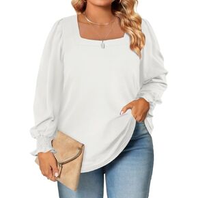Eytino Womens Plus Size Top Square Neck Puff Sleeve Casual Loose Blouse T Shirts(1X-5X)