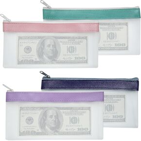 4 Pcs Money Bags With Zipper, 4 Colors Bank Deposit Money Pouchs, 7.6 x 3.7 inch Clear Money Organizer Envelopes for Cash