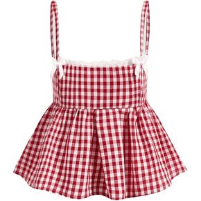Verdusa Women's Square Neck Spaghetti Strap Plaid Print Ruffle Hem Peplum Cami Top
