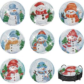 8PCS Snowman Diamond Painting Art Coasters with Holder, Christmas Diamond Painting Art Coasters Kit, DIY Drink Coaster with Cork Base Diamond Dot Art Painting Coasters Kit for Adults Beginners