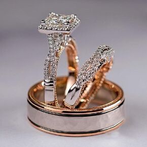 3Pcs Fashion Cushion Cut Halo Solitaire Engagement Ring Set for Women, Cushion Cut Cubic Zirconia Rose Gold Wedding Band Cubic Zirconia Half Eternity Stackable Engagement Rings