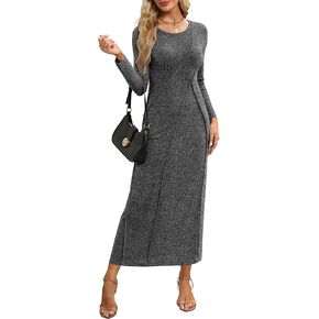 Annebouti Womens Fall Winter Long Sleeve Ribbed Knit Sweater Maxi Dress Elegant Crew Neck Wedding Guest Long Dresses