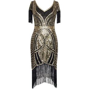 FAIRY COUPLE Women’s Flapper Dresses 1920s V Neck Beaded Fringed Great Gatsby Dresss S067