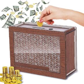 Cash Vault Wooden Savings Box Wooden Money Box with Money Target and Numbers Money Saving Box Savings Challenge Box with 10000 Dollars Target, Brown