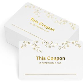 KINGLAKE GARDEN 100PCS Blank Coupon Cards 3.5'' x2'' Redeem Gift Card Coupon Book Gift Voucher Gift Certificates for Him, Her, Mom, Wife, Husband, Business, Spas, Christmas (Gold) in Kuwait