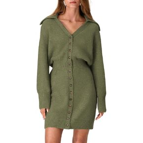 PRETTYGARDEN Womens Fall Sweater Dress Long Sleeve V Neck Button Down Knit Pullover Short Dresses