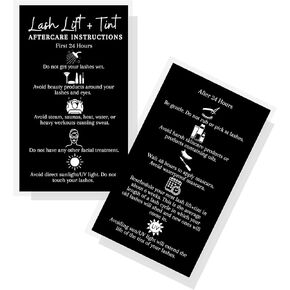 Lash Lift + Tint Aftercare Instruction Cards | 50 Pack | 2x3.5" inches Business Card Size | Eyelash Lift and Tint Kit at Home DIY | Black Card Design White, Black