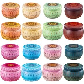Domivirgo Candle Tins with Lid,16pcs 8 Designs Tinplate Cans with Wicks, Wick Holders, Wick Stickers for Candle Making(2.5oz X 8 PCS &4.5oz X 8 PCS)