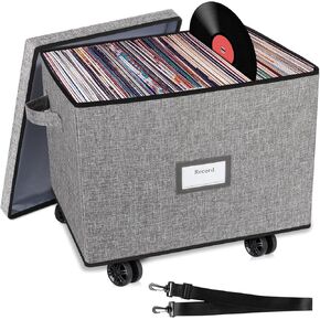 Rolling Vinyl Record Storage Box, LP Record Storage Holds up 100 Single Records, Decorative Moving Box for Records, Vinyl Storage Organizer with Tow Rope and Double Handle