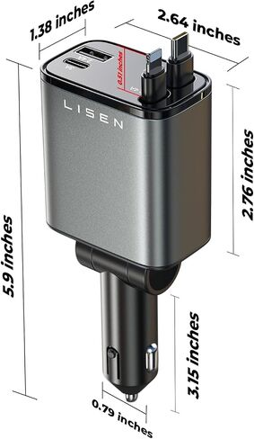 LISEN Retractable Car Charger [69W USB C Car Charger Adapter] iPhone 16 Car Charger Fast Charging, Fast Charging Car Charger, Type C Retractable Car Charger for iPhone 16 15 14 13 12, Samsung, Black in Saudi Arabia