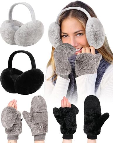 4 Pack Winter Ear Muffs and Faux Fur Flip Mittens Set Womens Outdoor Ear Warmers Ear Covers Convertible Fingerless Gloves in Saudi Arabia