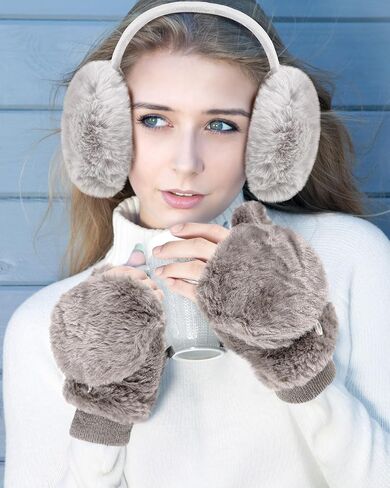 4 Pack Winter Ear Muffs and Faux Fur Flip Mittens Set Womens Outdoor Ear Warmers Ear Covers Convertible Fingerless Gloves in Saudi Arabia