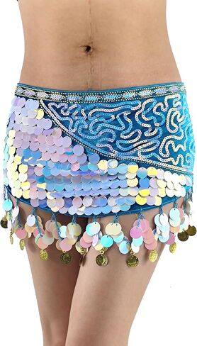 Belly Dance Hip Scarf with Color Gopper gong Slice Glitter Sequin Sparkle Wrap Skirt for Women Outfit Accessory in Saudi Arabia