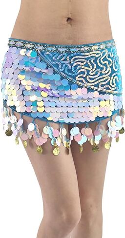 Belly Dance Hip Scarf with Color Gopper gong Slice Glitter Sequin Sparkle Wrap Skirt for Women Outfit Accessory in Saudi Arabia
