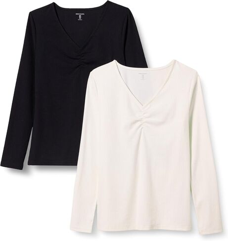 Amazon Essentials Women's Cinched V-Neck Long Sleeve Slim-Fit Rib-Knit T-Shirt, Pack of 2 in Saudi Arabia