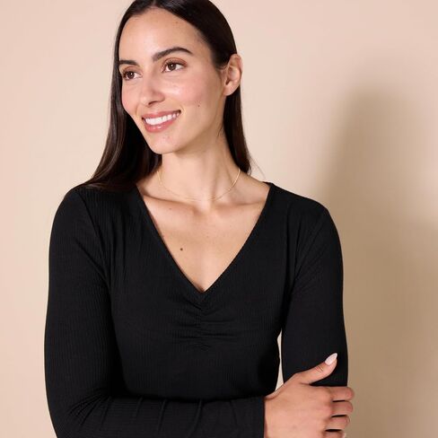 Amazon Essentials Women's Cinched V-Neck Long Sleeve Slim-Fit Rib-Knit T-Shirt, Pack of 2 in Saudi Arabia