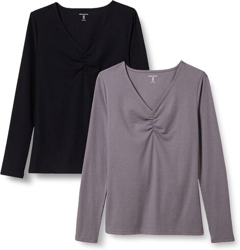 Amazon Essentials Women's Cinched V-Neck Long Sleeve Slim-Fit Rib-Knit T-Shirt, Pack of 2 in Saudi Arabia