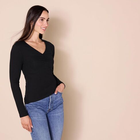 Amazon Essentials Women's Cinched V-Neck Long Sleeve Slim-Fit Rib-Knit T-Shirt, Pack of 2 in Saudi Arabia