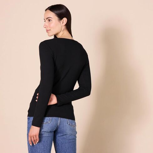 Amazon Essentials Women's Cinched V-Neck Long Sleeve Slim-Fit Rib-Knit T-Shirt, Pack of 2 in Saudi Arabia