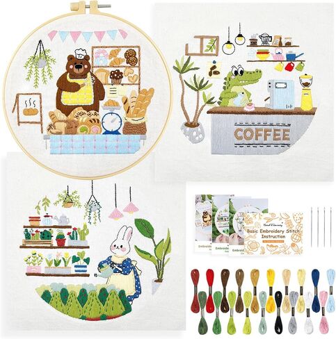 HAND U JOURNEY 3Pcs 7.8 Inches Original Design - Cartoon Rabbit, Crocodile, Bear Embroidery Starter Kit with 28 Stitch Technique Instruction Booklet - Perfect for Beginners in Saudi Arabia