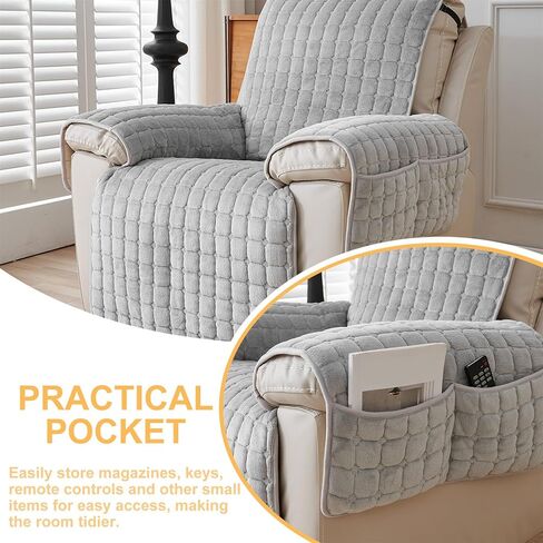 Recliner Chair Cover,Non Slip Thickened Flannel 1 2 3 Seater Soft Warm Reclining Chair Cover with Side Pocket Cushion Sofa Slipcovers Armchair Cover for Living Room (Grey,53 * 190cm) in Saudi Arabia