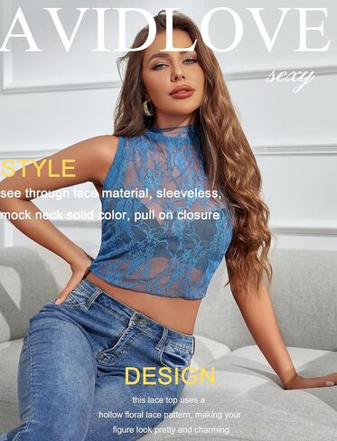 Avidlove Sexy Lace Top Sleeveless Women Mesh Sheer Tops Mock Neck Lace Floral See Through Tank Blouses Shirts in Saudi Arabia