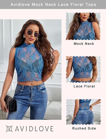 Avidlove Sexy Lace Top Sleeveless Women Mesh Sheer Tops Mock Neck Lace Floral See Through Tank Blouses Shirts in Saudi Arabia