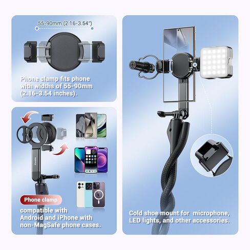 Extended Magnetic Flexible Tripod for iPhone, Height & Angle Adjustable Bendable Octopus Tripod Cellphone Stand for Magsafe & Android & Compact Camera & GoPro Travel Selfie/Vlogging/Video Recording in Saudi Arabia