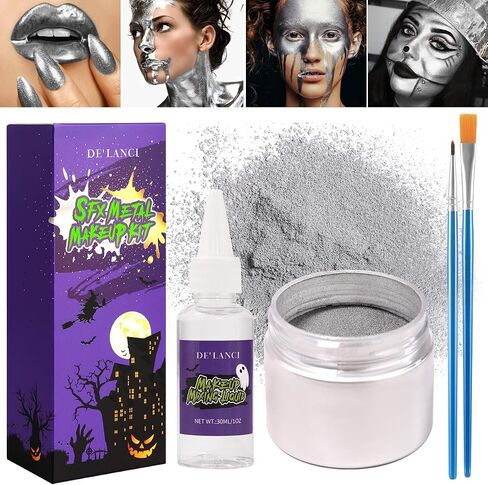 DE'LANCI Gold Face Paint Kit Metallic Powder,Fine Metal Powder Body Paint for Adults Kids,SFX Cosmetic Kit Christmas Paint with Mixing Liquid and 2 Brushes,parkling Halloween Makeup in Saudi Arabia