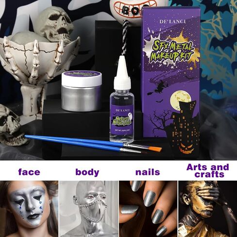 DE'LANCI Gold Face Paint Kit Metallic Powder,Fine Metal Powder Body Paint for Adults Kids,SFX Cosmetic Kit Christmas Paint with Mixing Liquid and 2 Brushes,parkling Halloween Makeup in Saudi Arabia