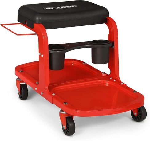 M-AUTO Garage Roller Seat Heavy Duty Rolling Shop Mechanic Creeper/Shop Stool with Tool Tray and Equipment Rack, 300LBS Capacity Creeper Seat with 5 Rollers for Detailing Car, Red in Saudi Arabia