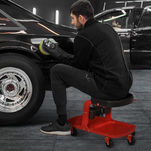 M-AUTO Garage Roller Seat Heavy Duty Rolling Shop Mechanic Creeper/Shop Stool with Tool Tray and Equipment Rack, 300LBS Capacity Creeper Seat with 5 Rollers for Detailing Car, Red in Saudi Arabia