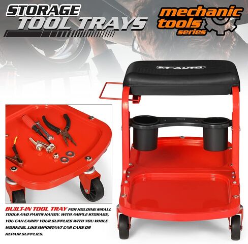 M-AUTO Garage Roller Seat Heavy Duty Rolling Shop Mechanic Creeper/Shop Stool with Tool Tray and Equipment Rack, 300LBS Capacity Creeper Seat with 5 Rollers for Detailing Car, Red in Saudi Arabia