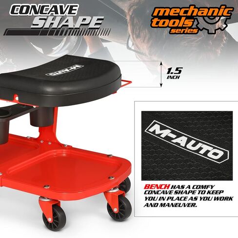 M-AUTO Garage Roller Seat Heavy Duty Rolling Shop Mechanic Creeper/Shop Stool with Tool Tray and Equipment Rack, 300LBS Capacity Creeper Seat with 5 Rollers for Detailing Car, Red in Saudi Arabia