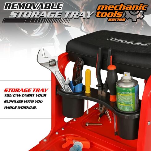 M-AUTO Garage Roller Seat Heavy Duty Rolling Shop Mechanic Creeper/Shop Stool with Tool Tray and Equipment Rack, 300LBS Capacity Creeper Seat with 5 Rollers for Detailing Car, Red in Saudi Arabia