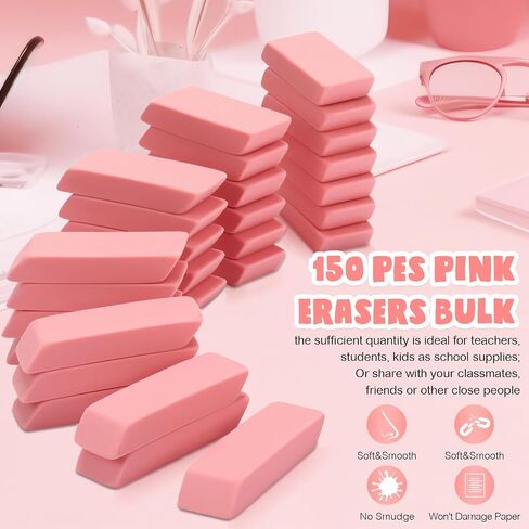 Harloon Pack of 150 Pink Eraser Bulk Large Pencil Eraser Latex Free Block Erasers for Art Drawing Teachers Office Supplies, Bevel and Rectangular in Saudi Arabia