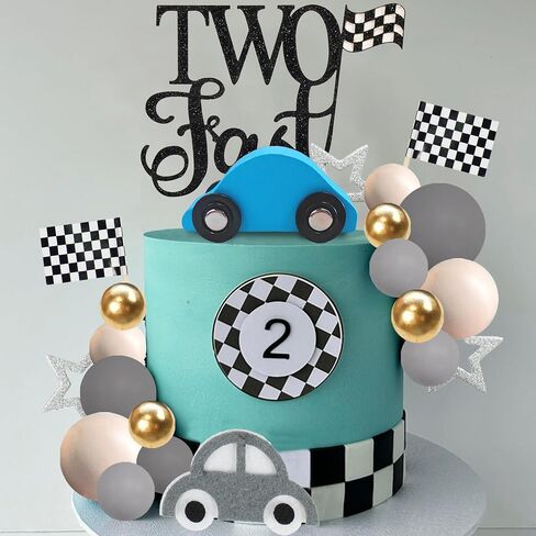 27 PCS Two Fast Cake Toppers Race Car 2nd Birthday Cake Decorations for Racing Car Checkered Flag Birthday Anniversary Party Decorations Supplies (01) in Saudi Arabia