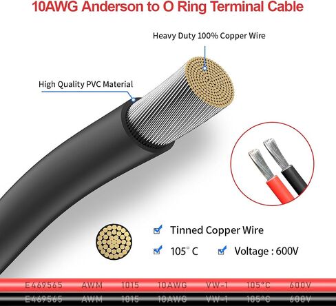 موصل أندرسون إلى كابل توصيل بطارية 10AWG للطرف الدائري مع 5 صمامات لمولدات الطاقة الشمسية المحمولة لمحطة الطاقة للسيارات (2FT) in Kuwait