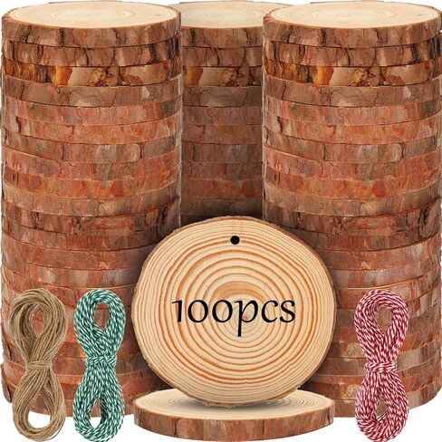 50 Pcs Natural Wood Slices 3.5-4 Inch Unfinished Wood Rounds Predrilled Wood Circles Wooden Ornaments for Crafts Rustic DIY Christmas Ornaments with Twine for Painting Coaster Craft Supplies in Saudi Arabia