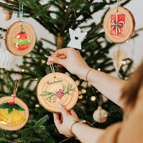 50 Pcs Natural Wood Slices 3.5-4 Inch Unfinished Wood Rounds Predrilled Wood Circles Wooden Ornaments for Crafts Rustic DIY Christmas Ornaments with Twine for Painting Coaster Craft Supplies in Saudi Arabia