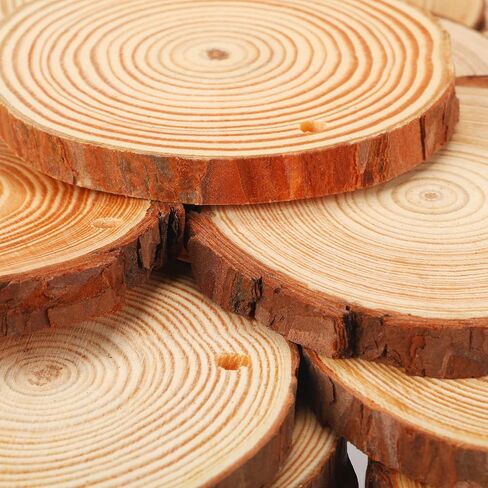 50 Pcs Natural Wood Slices 3.5-4 Inch Unfinished Wood Rounds Predrilled Wood Circles Wooden Ornaments for Crafts Rustic DIY Christmas Ornaments with Twine for Painting Coaster Craft Supplies in Saudi Arabia