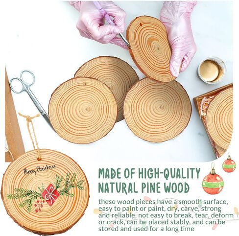 50 Pcs Natural Wood Slices 3.5-4 Inch Unfinished Wood Rounds Predrilled Wood Circles Wooden Ornaments for Crafts Rustic DIY Christmas Ornaments with Twine for Painting Coaster Craft Supplies in Saudi Arabia