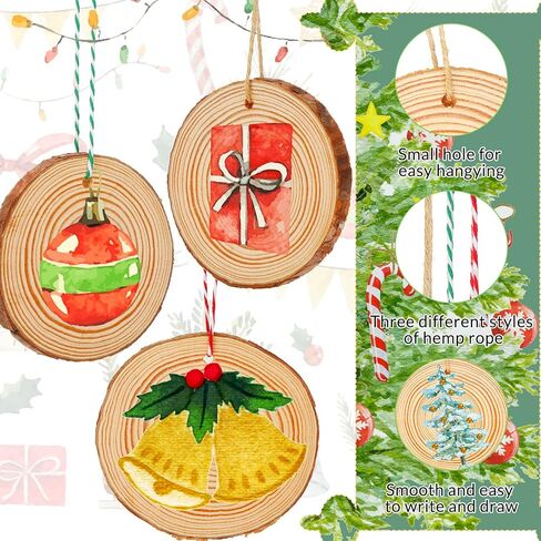 50 Pcs Natural Wood Slices 3.5-4 Inch Unfinished Wood Rounds Predrilled Wood Circles Wooden Ornaments for Crafts Rustic DIY Christmas Ornaments with Twine for Painting Coaster Craft Supplies in Saudi Arabia